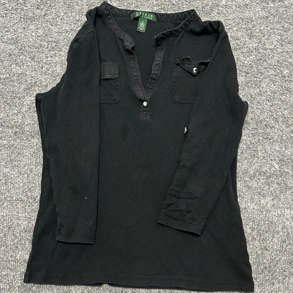 Lauren Ralph Lauren Button Down Womens Size 2X Black Cotton Long Sleeve Pocket
